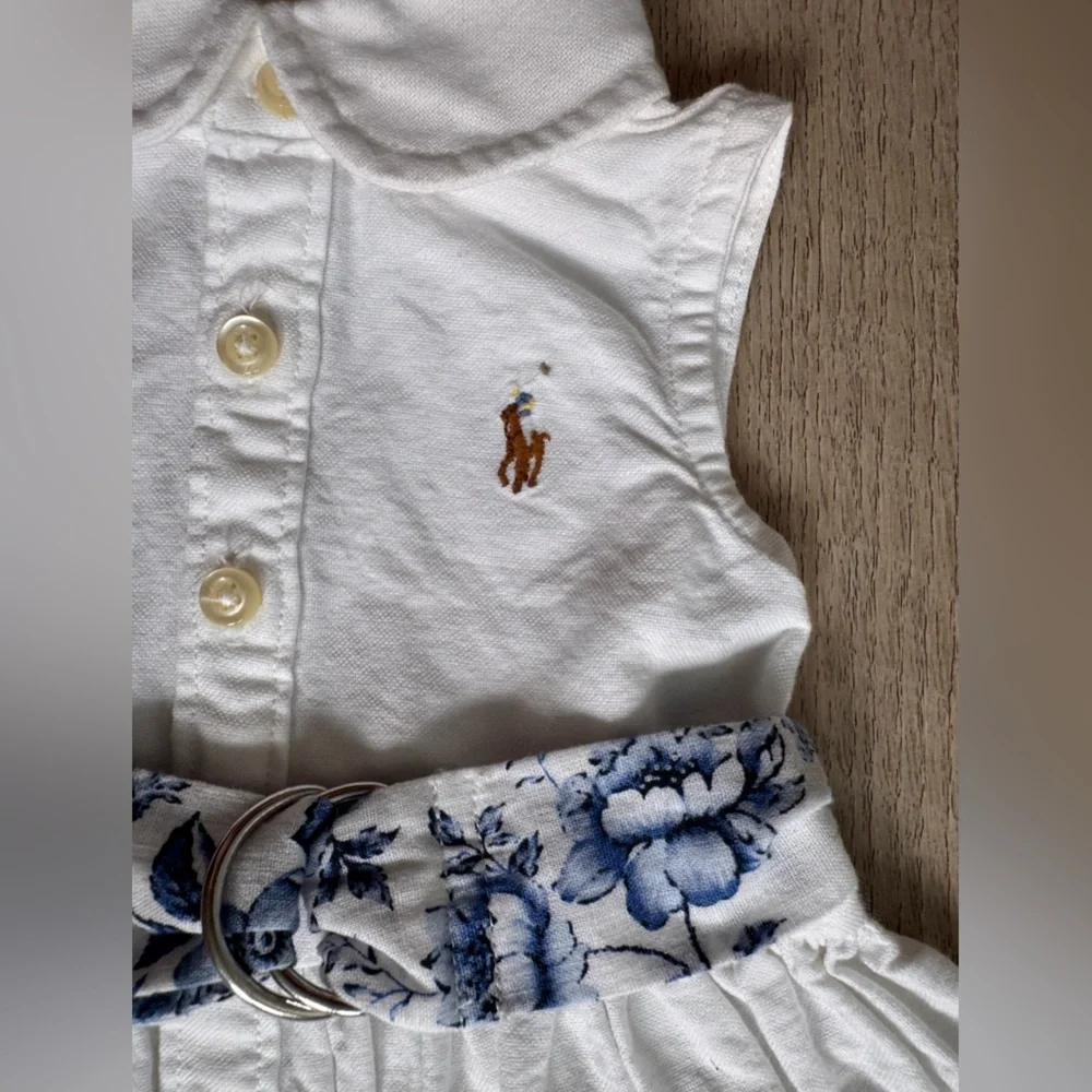 Ralph Lauren Baby White Dress with Blue Floral Belt Button Down Size 3 Months